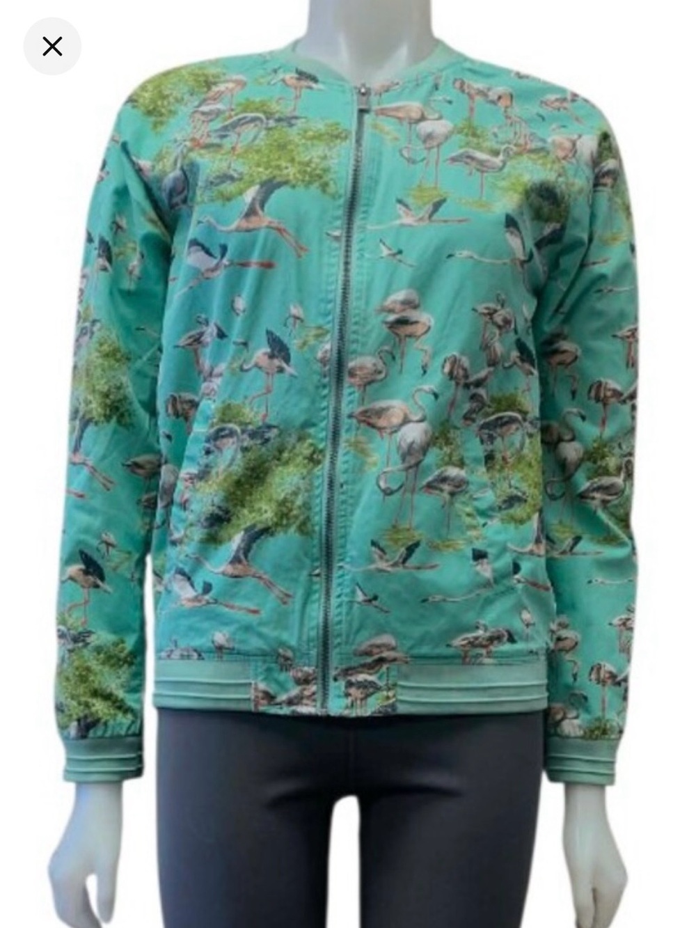 Maison Scotch Amsterdam Blauw EUC Flamingo Print Green Bomber Jacket, Size 2
